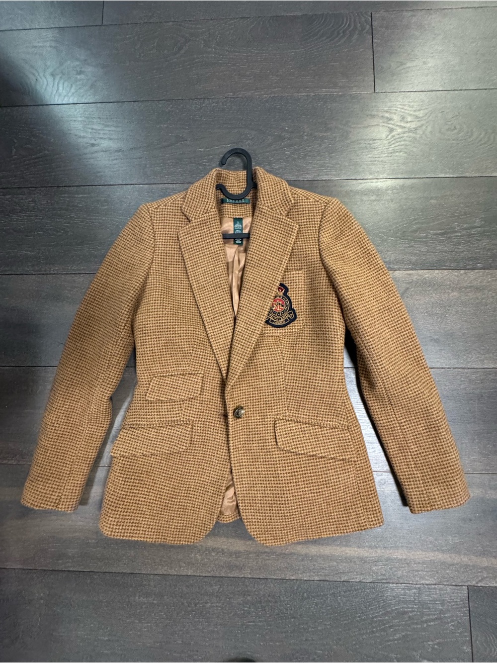 NWOT Lauren Ralph Lauren Brown RLL Crest Houndstooth Tweed Blazer Jacket size 2